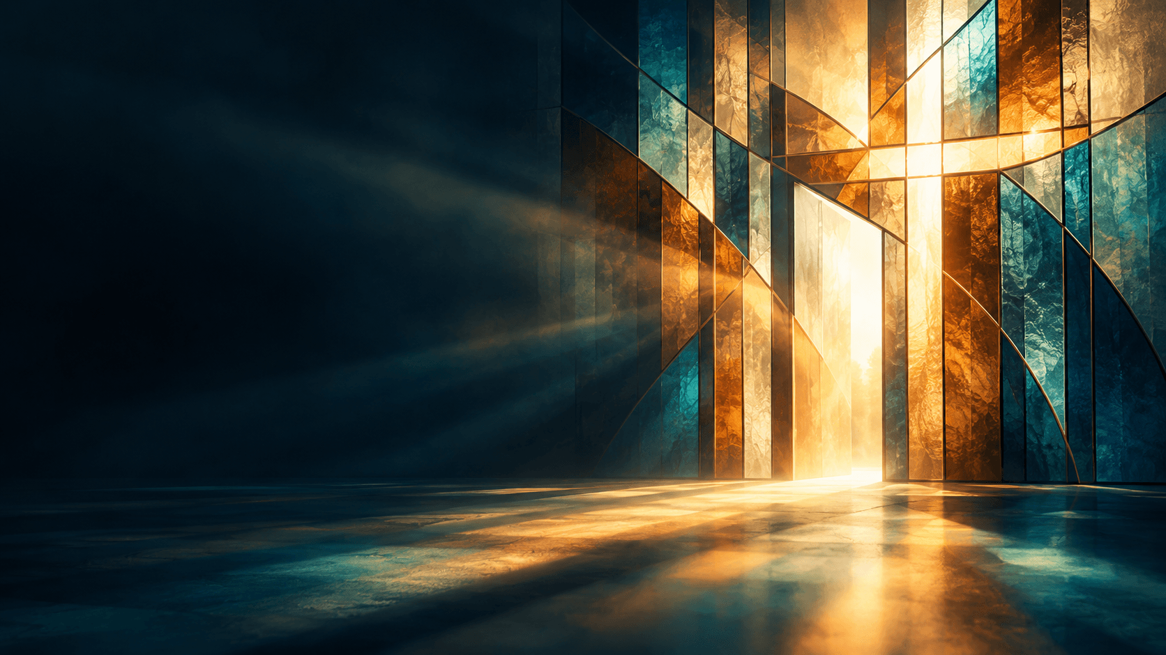 Abstract stained glass opening into warm light